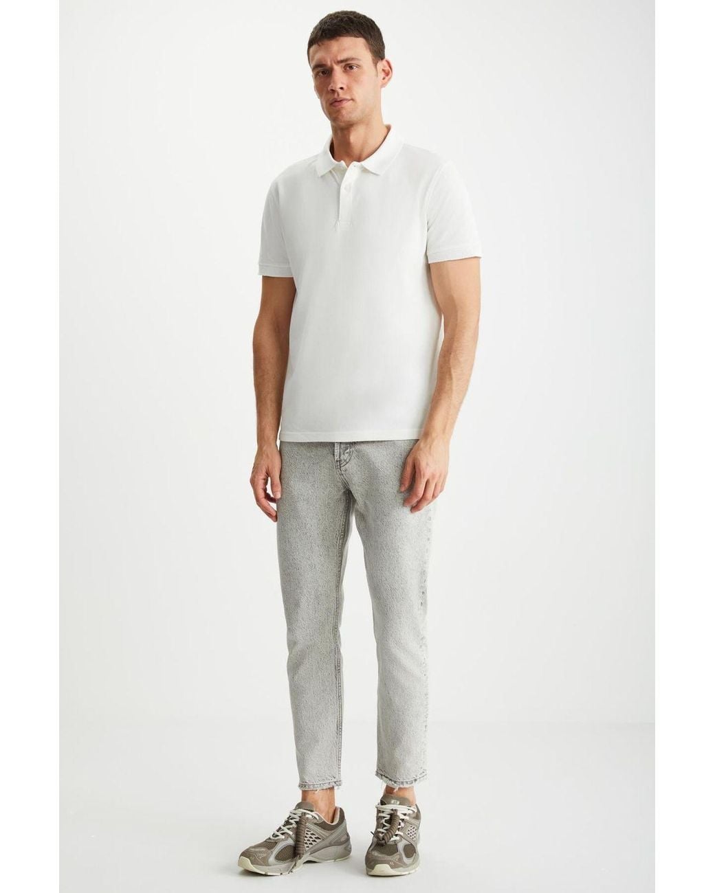 Grimelange White Polo Collar Button T-Shirt for men