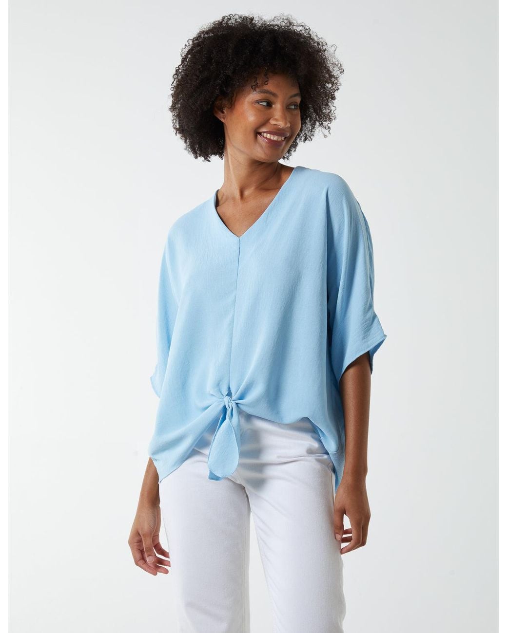 Blue Vanilla Blue V Neck Tie Front Blouse
