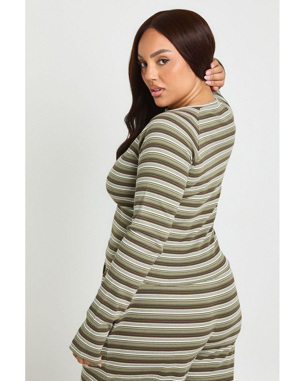 Boohoo Green Plus Stripe Button Down Long Sleeve Top