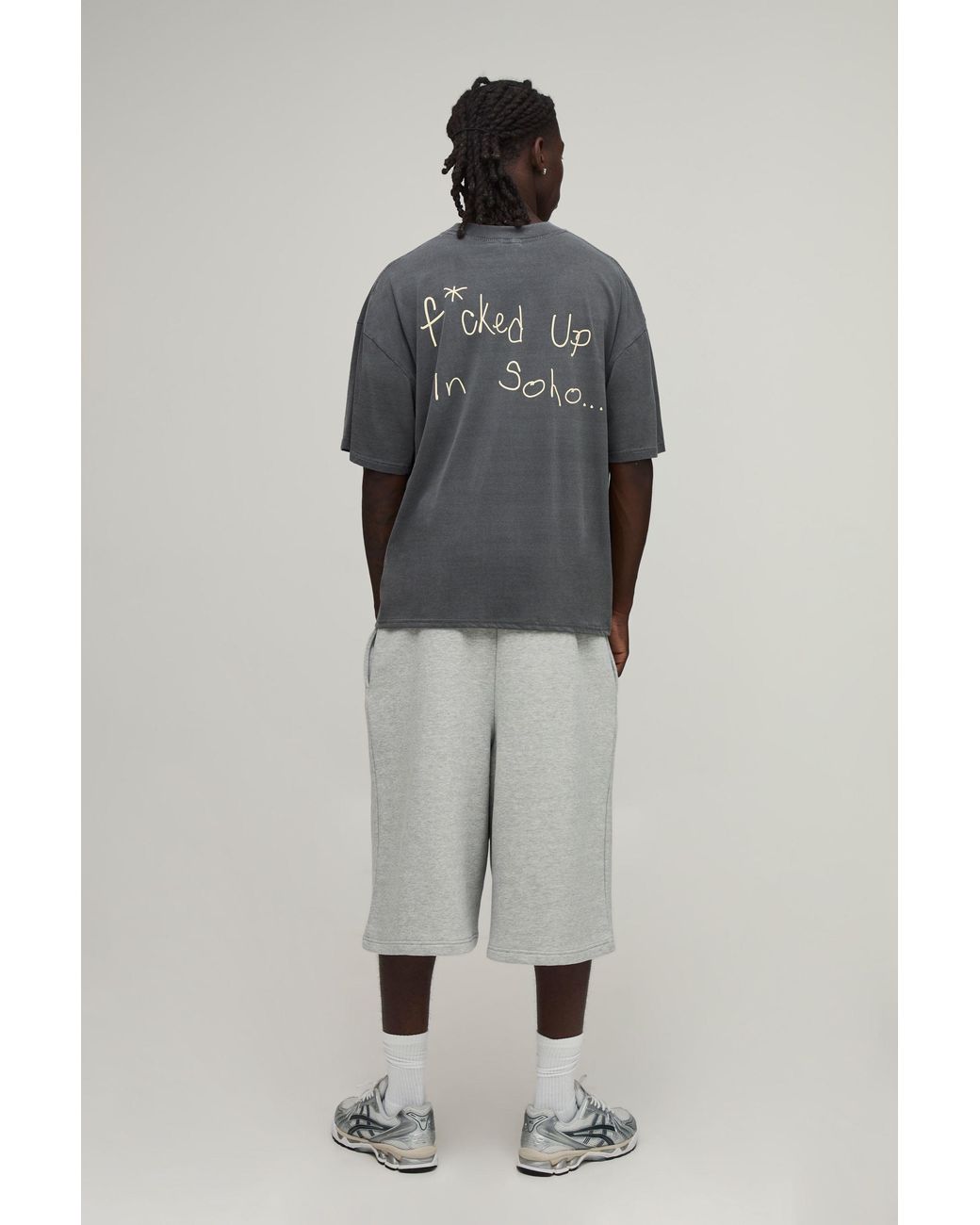 BoohooMAN Gray Washed Oversized Boxy Soho Slogan Print T-Shirt Cotton for men