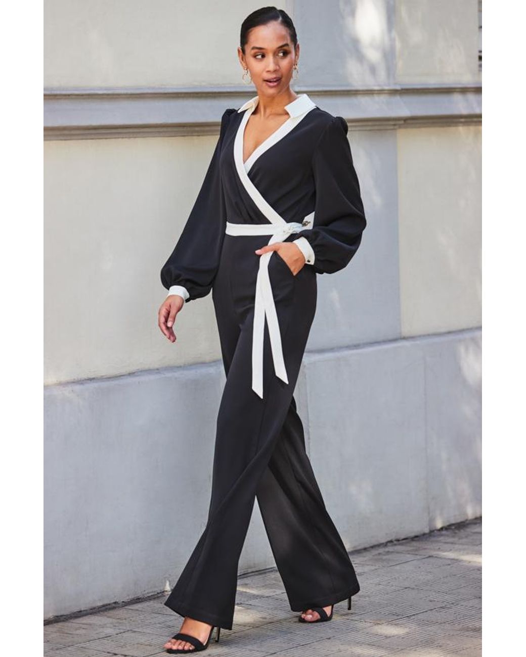 Sosandar Gray Contrast Trim Wrap Front Jumpsuit