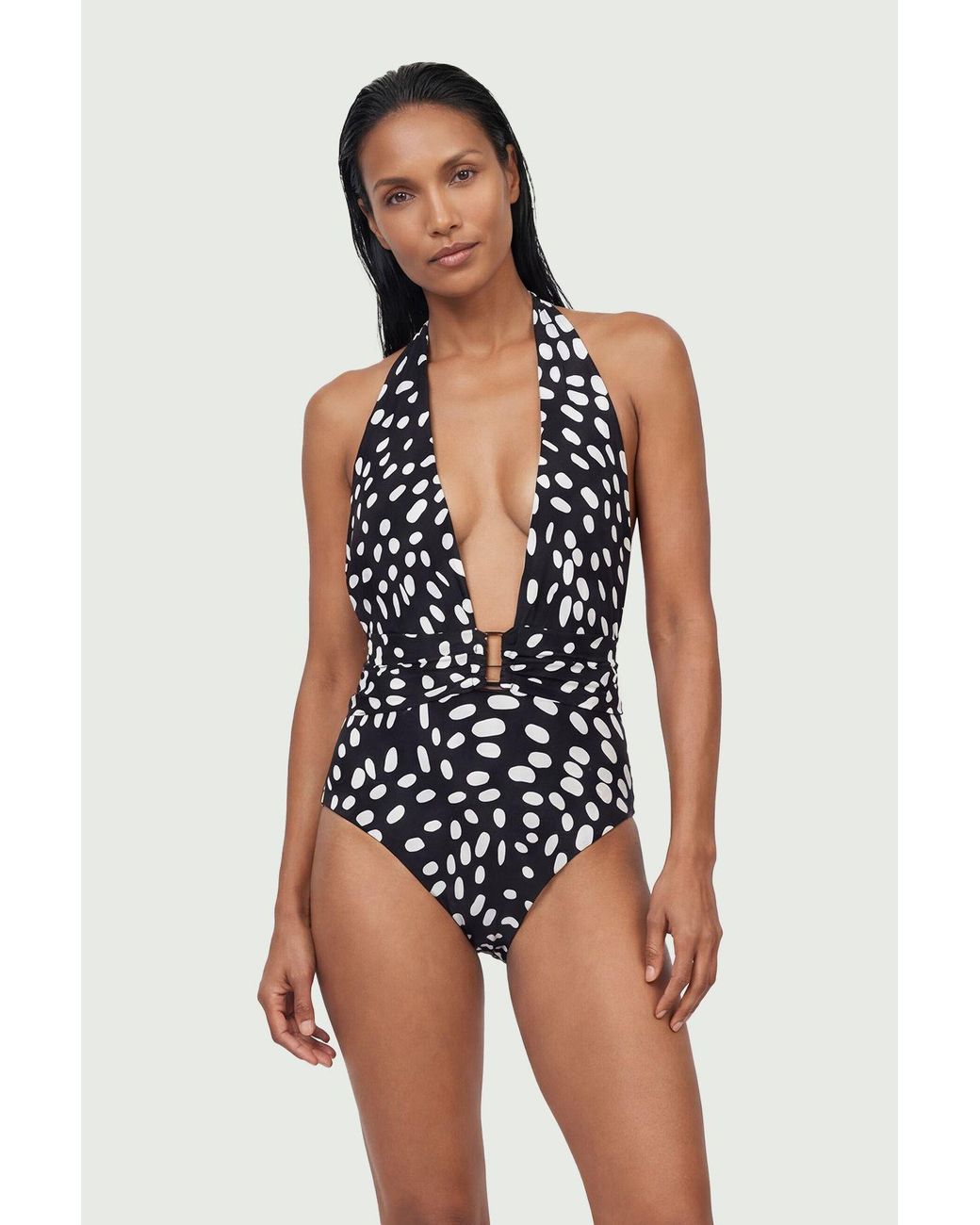 Karen Millen Blue Polka Dot Print Plunge Swimsuit