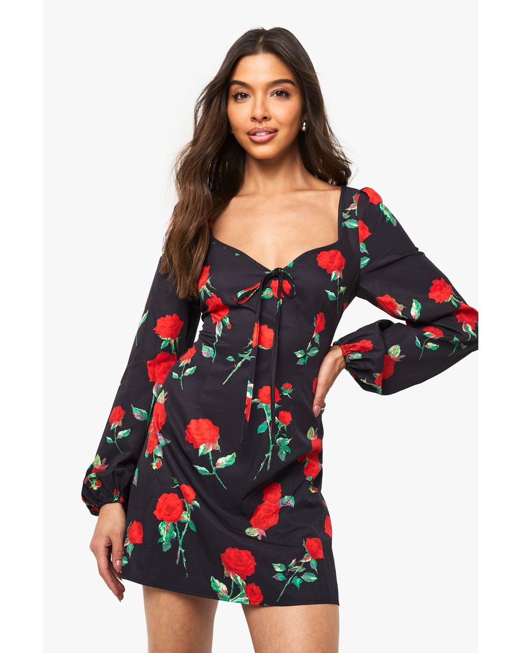 Boohoo Black Floral Milkmaid Mini Dress