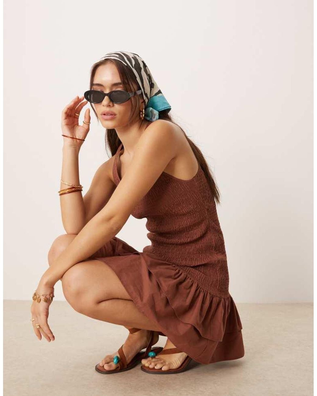 ASOS Brown Racer Shirred Ruffle Hem Mini Dress