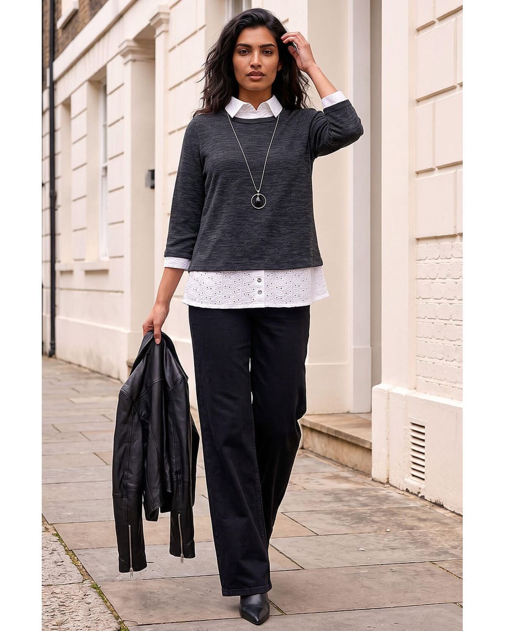 Roman Blue Mock Broderie Shirt Contrast Necklace Top