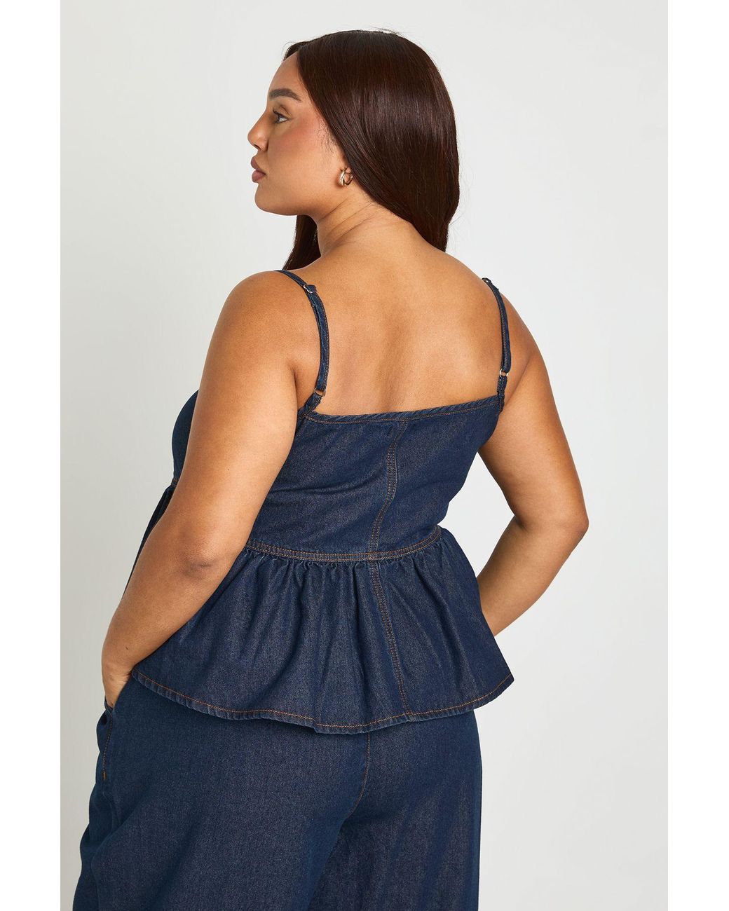 Boohoo Blue Plus Strappy Frill Hem Denim Top