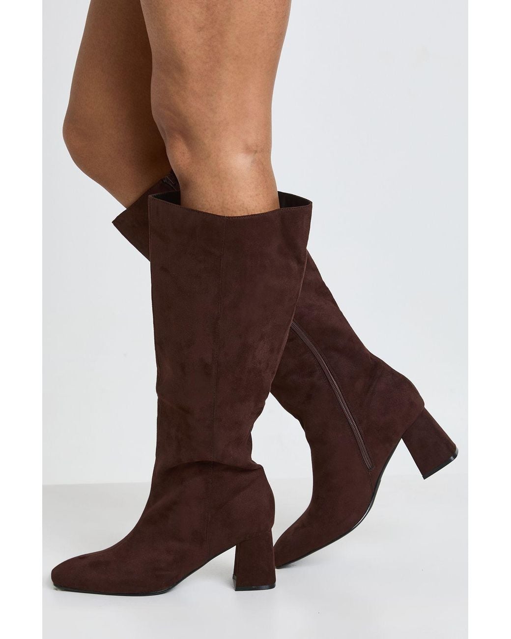 Boohoo Brown Wide Fit Flared Block Heel Knee High Boots