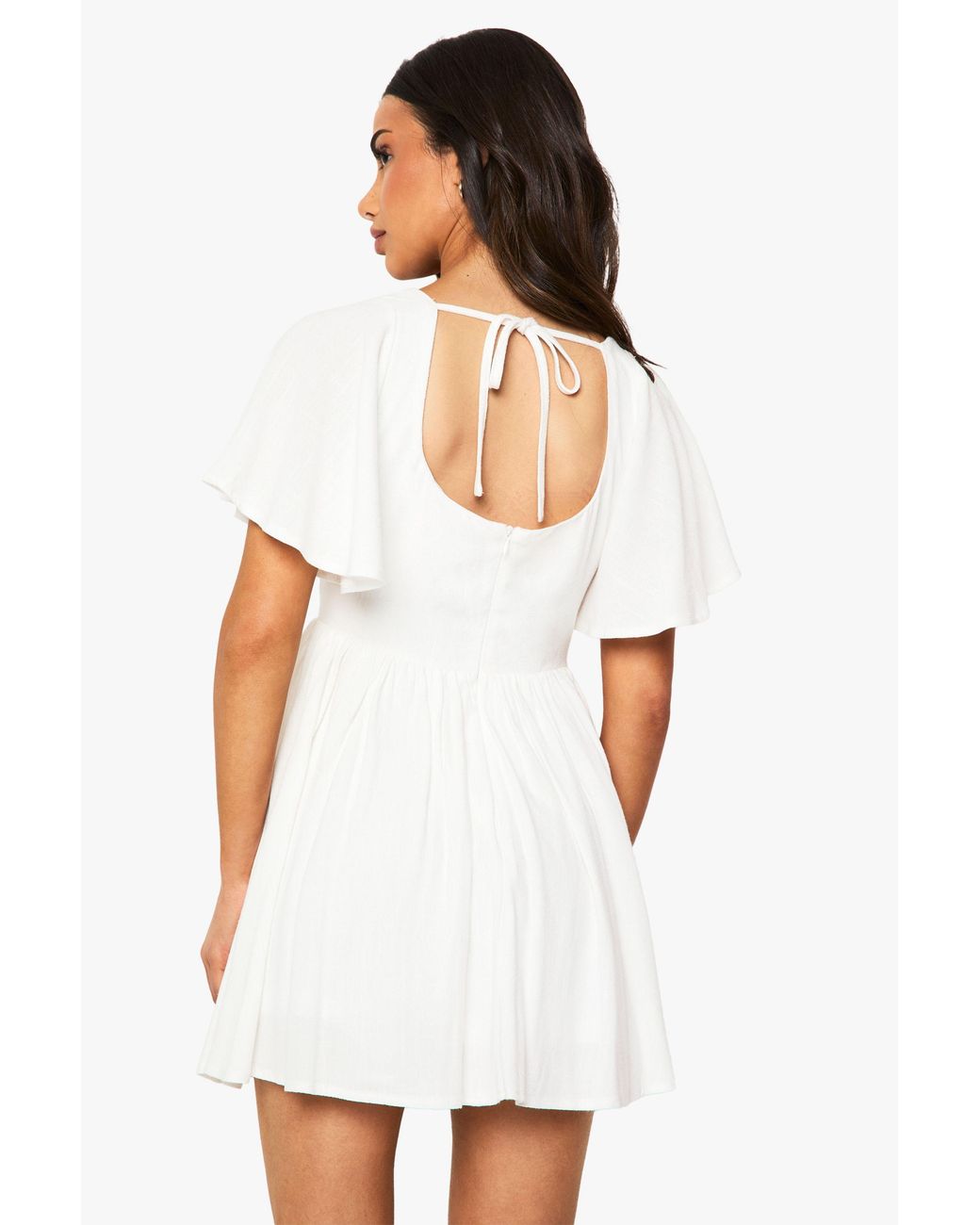 Boohoo White Petite Linen Mix Corset Angel Sleeve Skater Dress