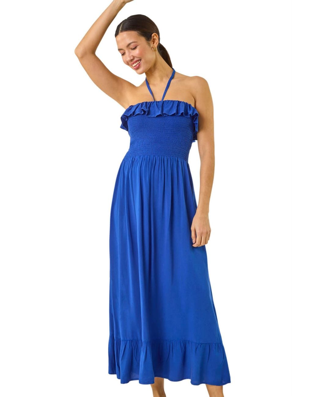 Roman Blue Frill Shirred Bandeau Midi Dress