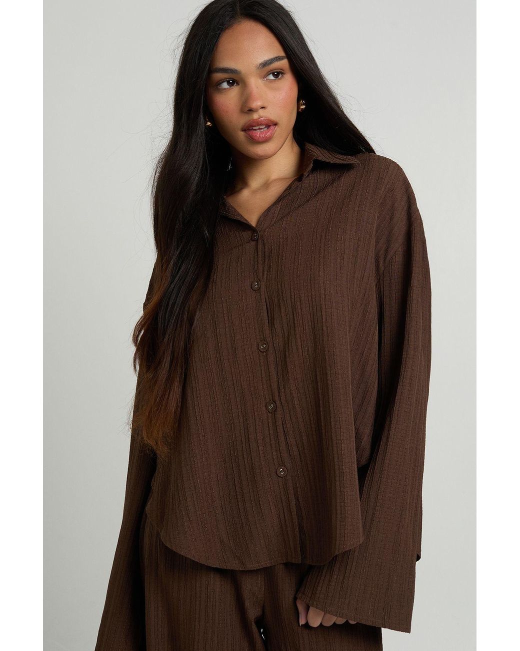 Boohoo Brown Textured Woven Oversized Shirt And Trouser Co-Ord