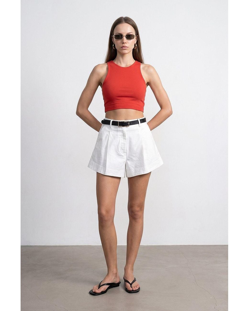Dilvin Red High-Waist Pleated Wide-Leg Shorts