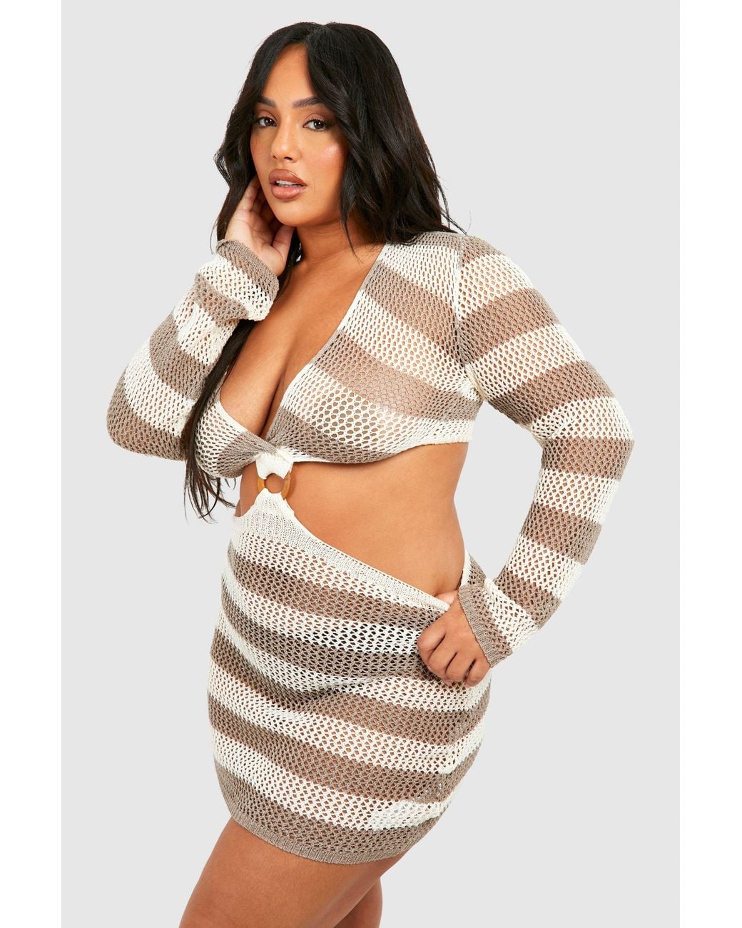Boohoo Natural Plus Long Sleeve Ring Detail Beach Mini Dress
