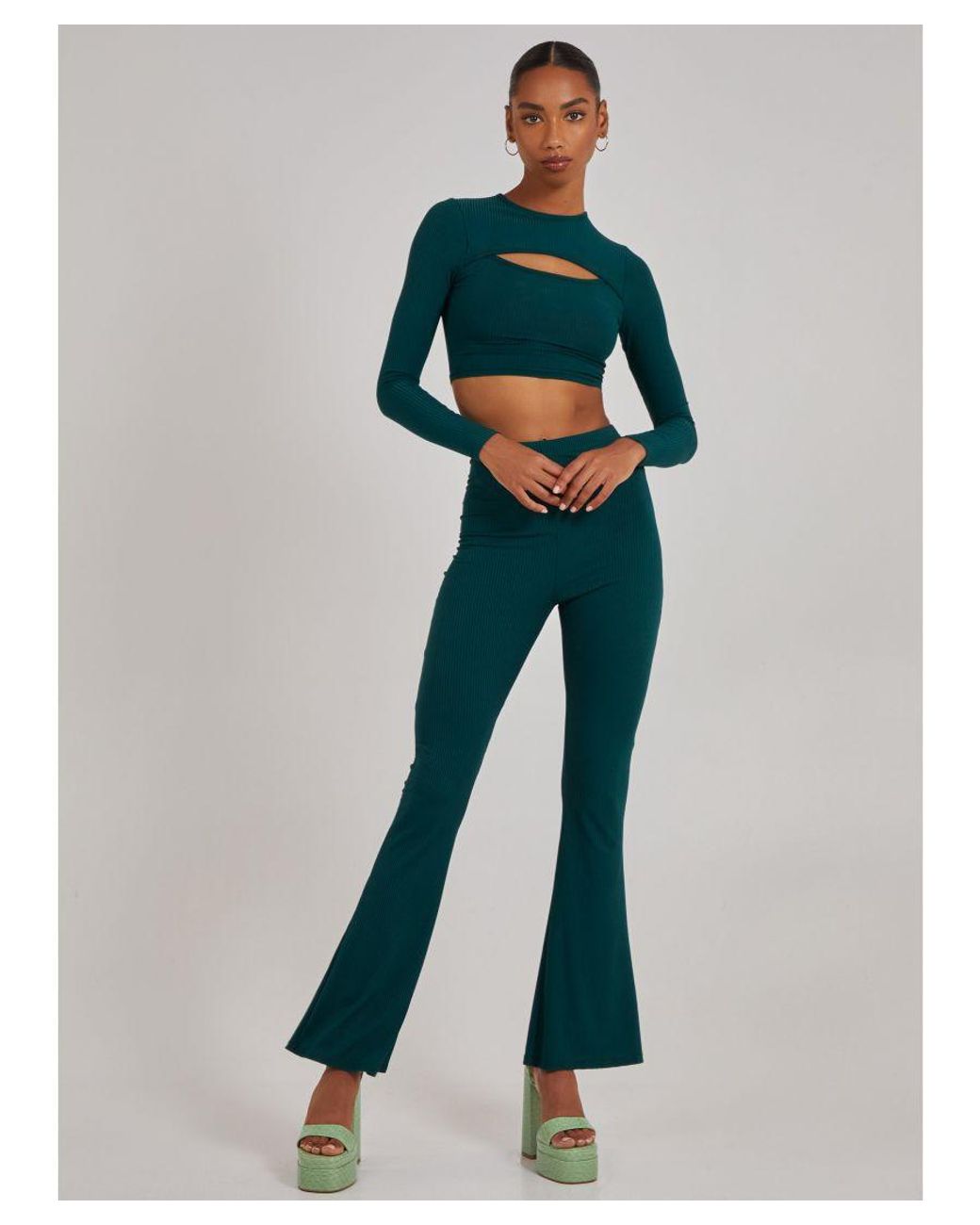 Pink Vanilla Green Ribbed Long Sleeve Letterbox Top