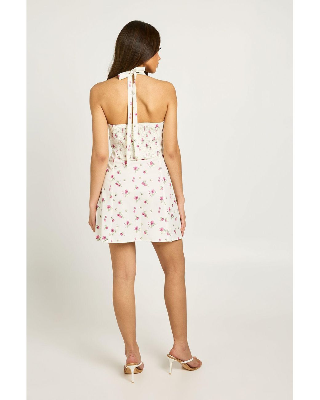 Boohoo White Floral Halterneck Ruched Bust Mini Dress