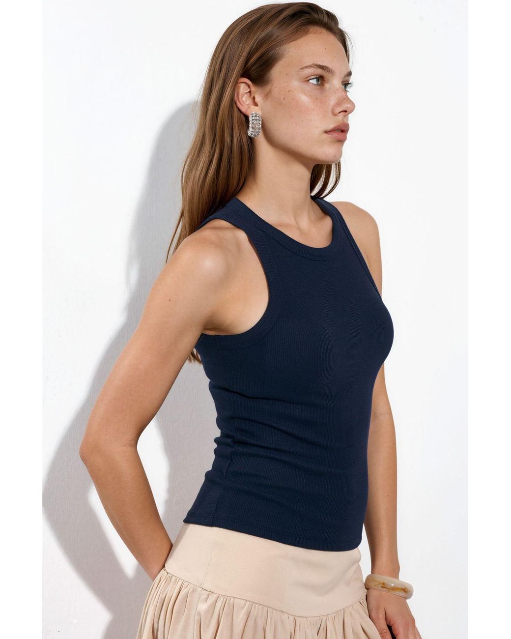 Busem Blue Ribbed Cotton-Blend Tank Top