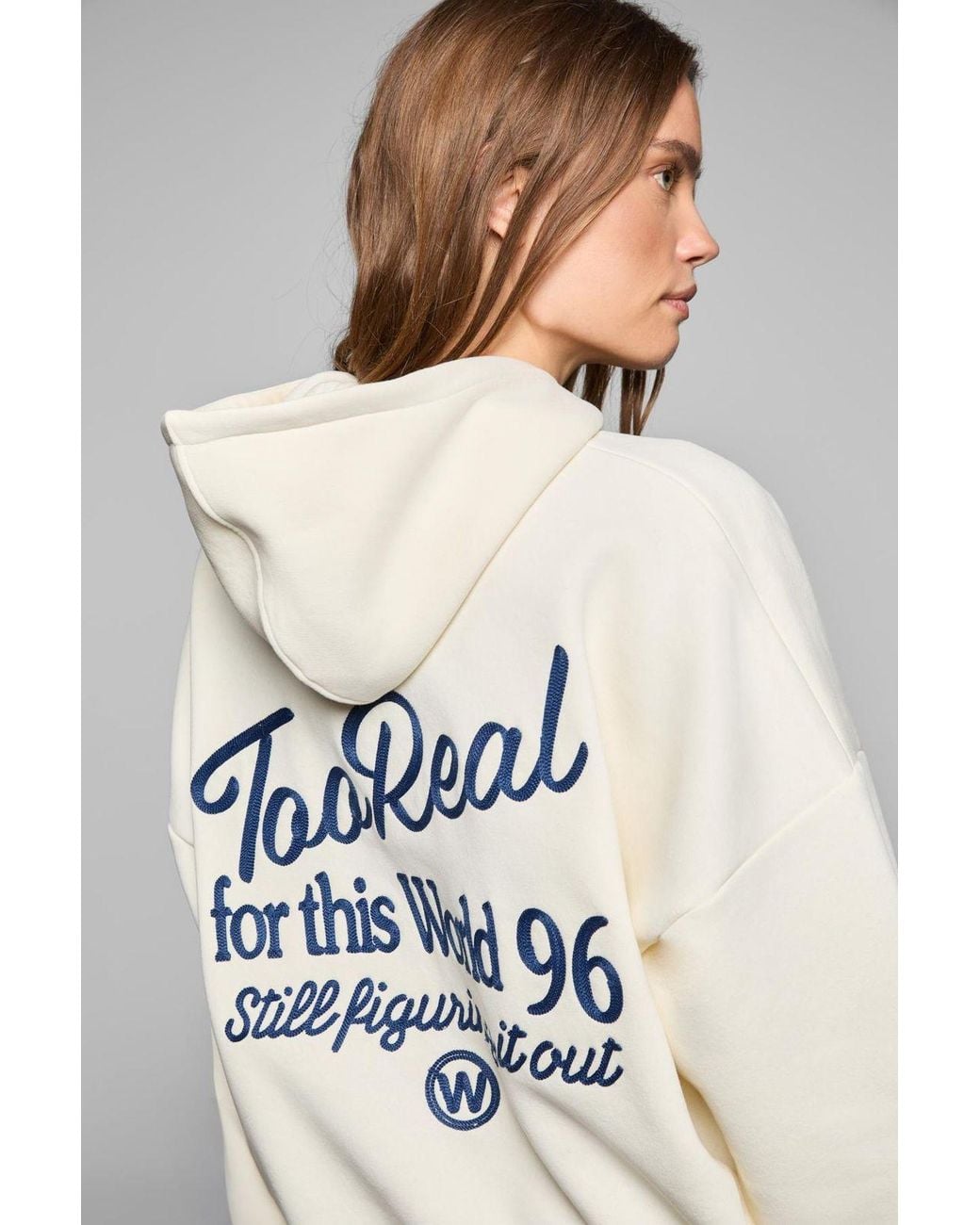 Grimelange White Oversized Hooded Printed Sweatshirt