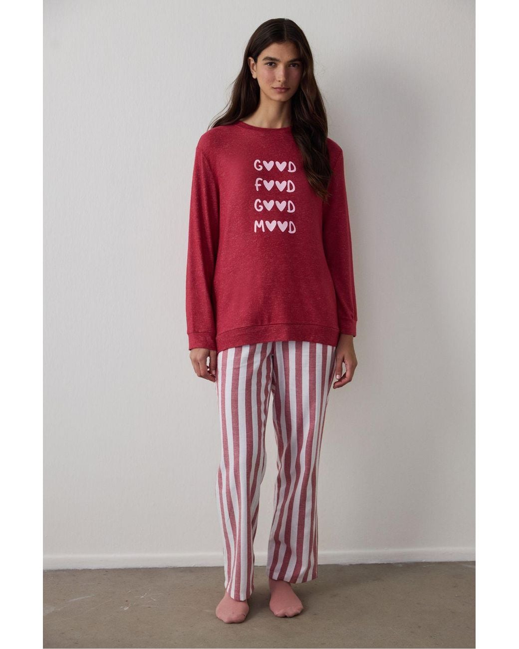 Penti Red Good Mood Slogan Printed Thermal Effect Sweatshirt Pajama Top