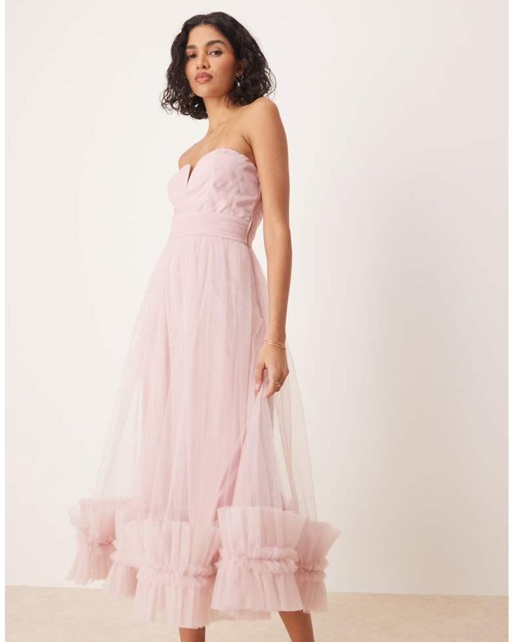 LACE & BEADS Pink Corset Tulle Ruffle Hem Midaxi Dress