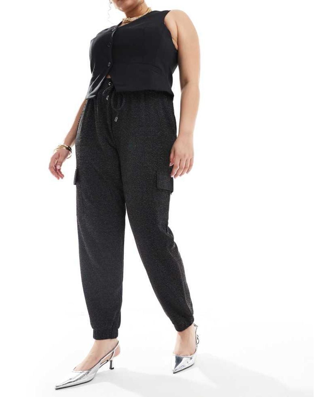 Yours Black Cargo Glitter Harem Trousers