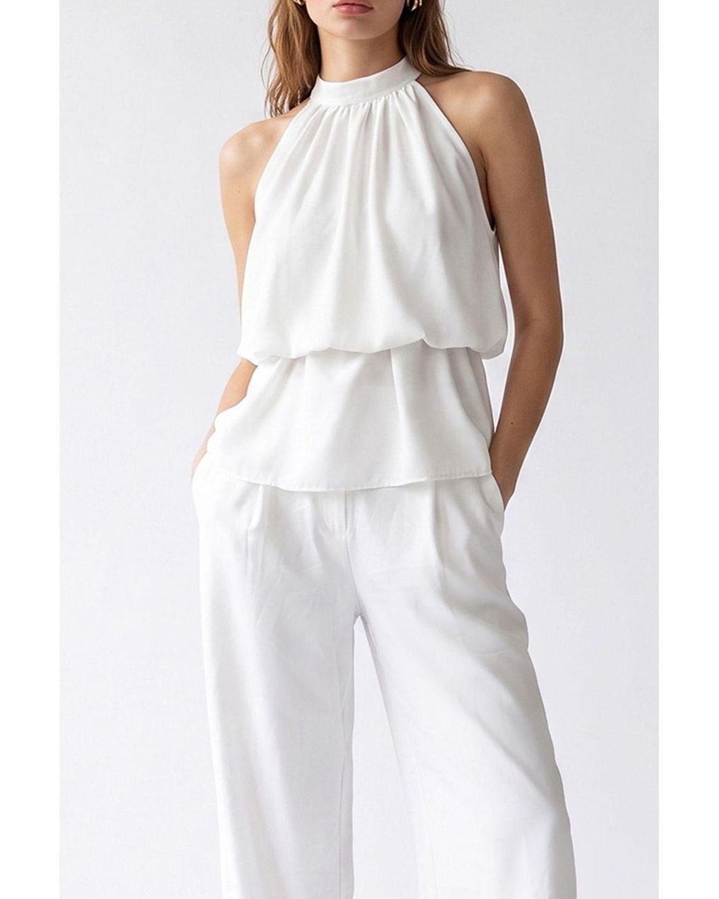 MixRay White Halter Blouse And Wide-Leg Pants Set