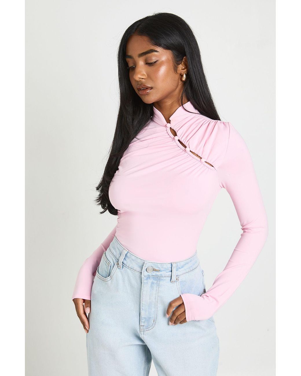 Boohoo Pink Ruched Long Sleeve Asym Button Up Bodysuit