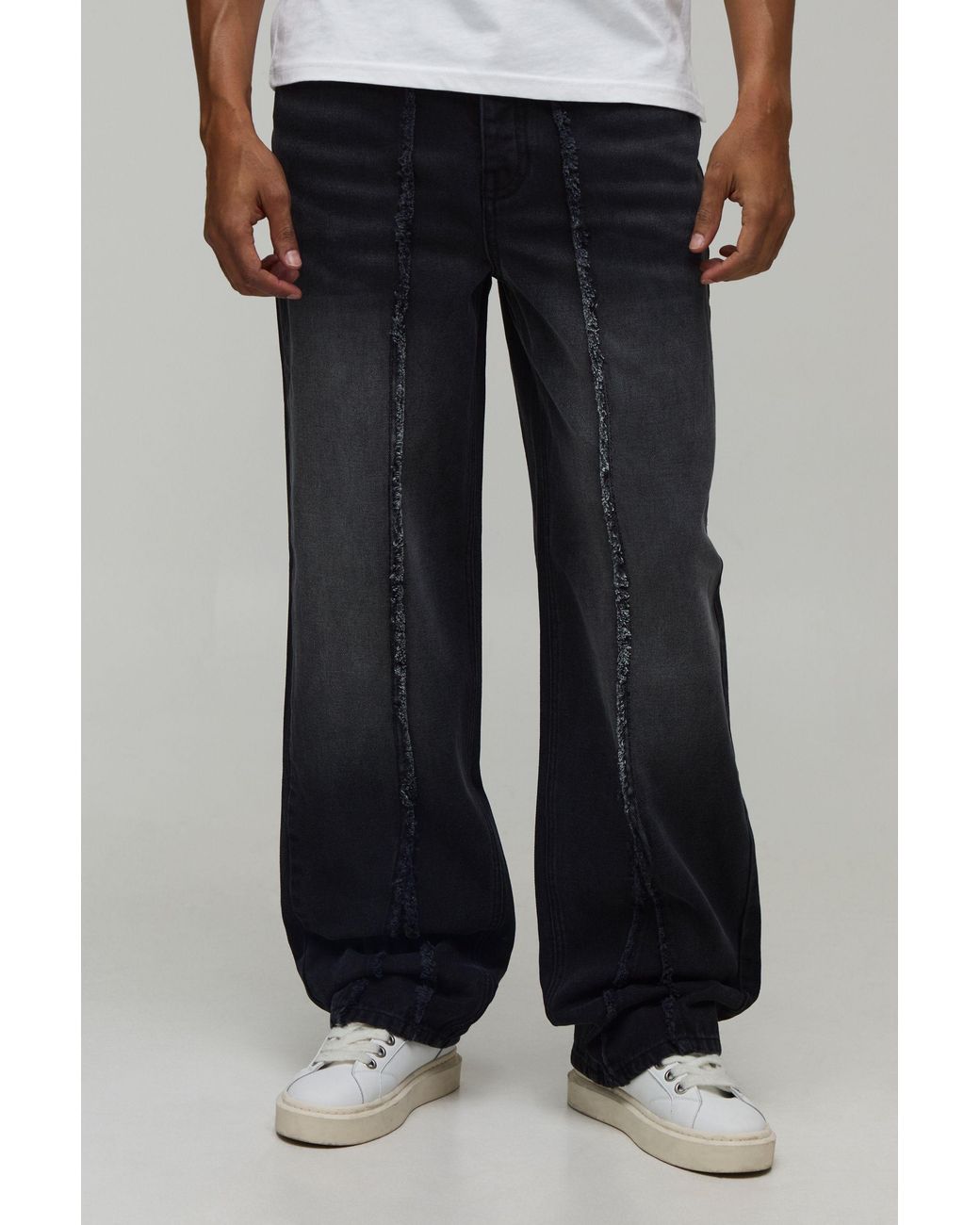 BoohooMAN Black Patchwork Relaxed Fit Stacked Jeans for men