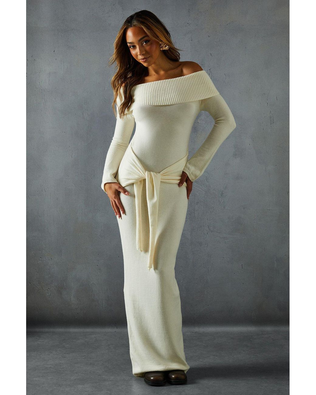 MissPap Gray Knitted Bardot Wrap Front Midi Dress