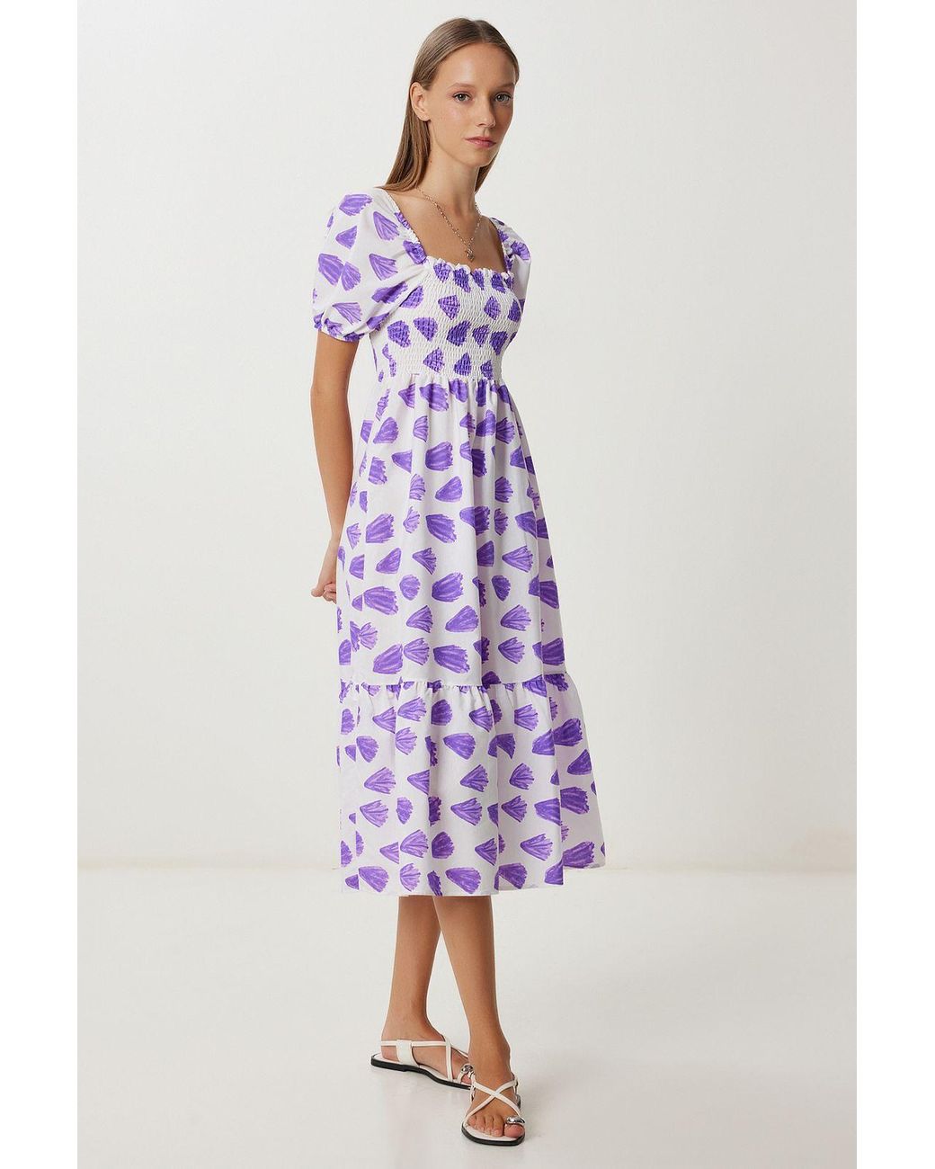 Happiness İstanbul Purple Frilly Abstract Print A-Line Midi Dress With Square Collar
