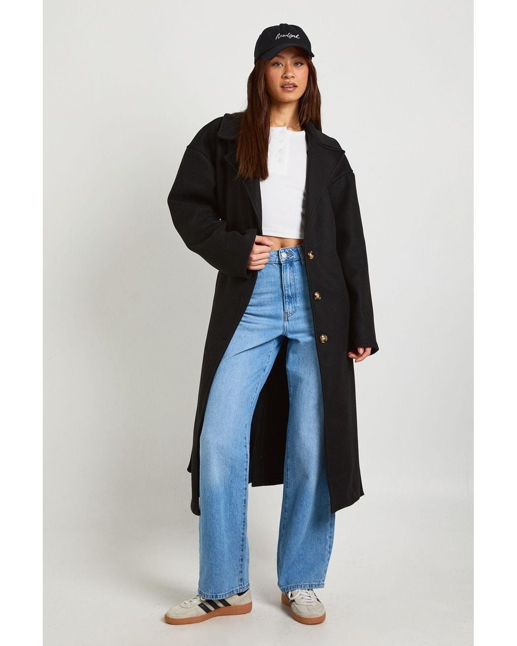Boohoo Blue Tall Oversized Belted Button Through Wool Look Coat