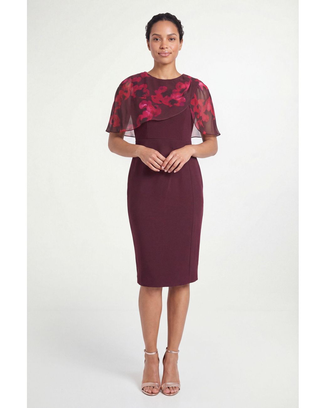 Wallis Red Petite Floral Cape Detail Pencil Dress