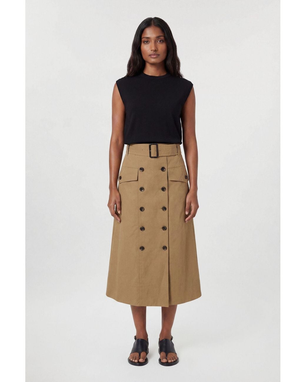 Karen Millen Natural Tailored Cotton Trench Button Front Pleated Skirt