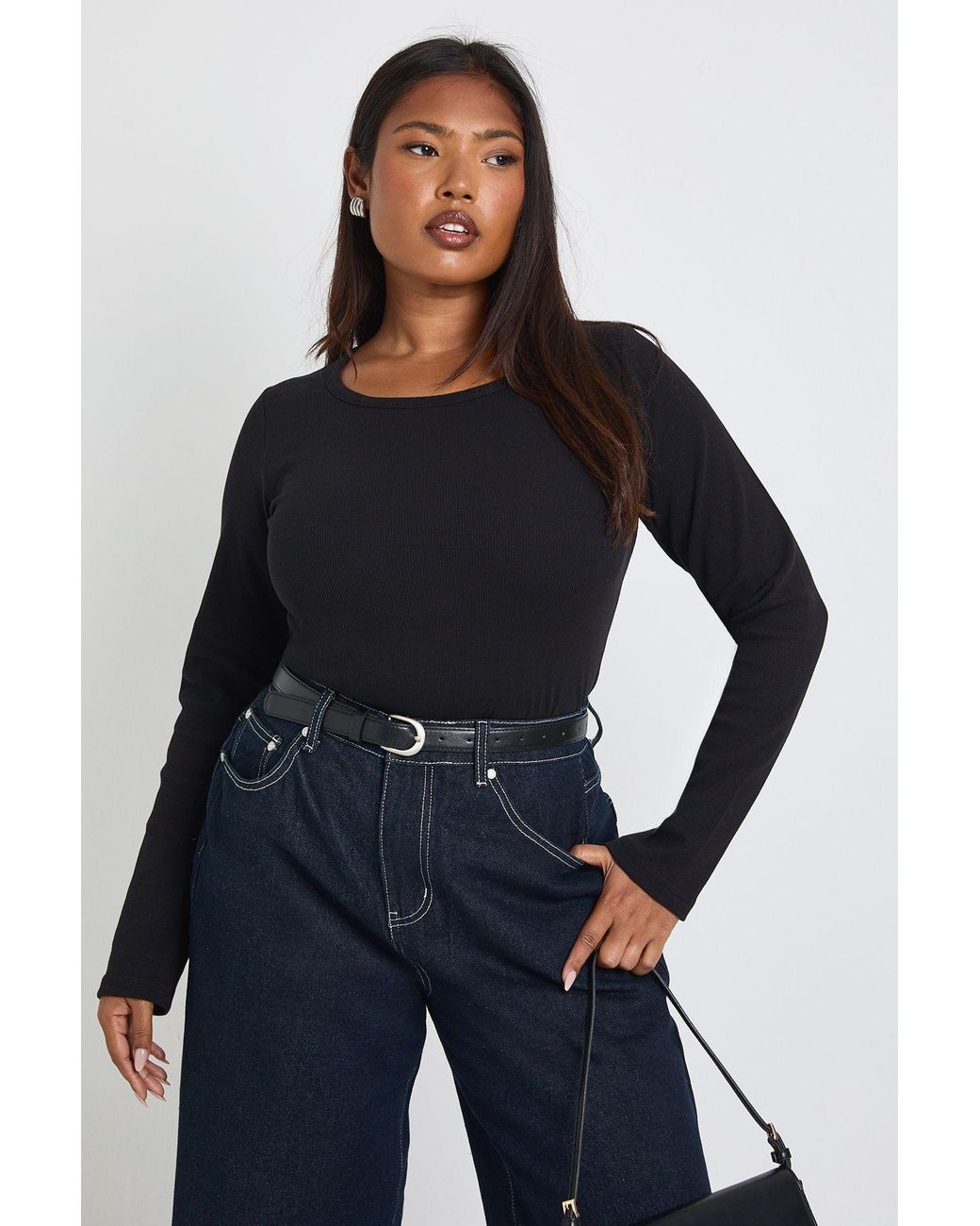 Boohoo Blue Plus Basic Rib Scoop Neck Longline Fitted Long Sleeve Top