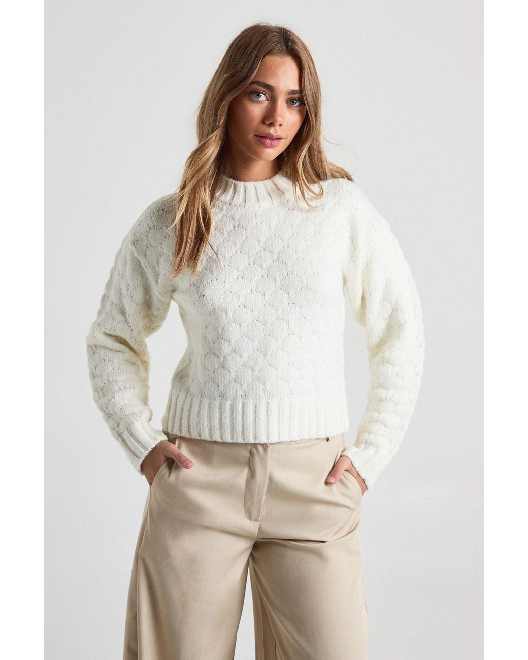 Boohoo Natural Chunky Textured Knit Crew Neck Boxy Jumper