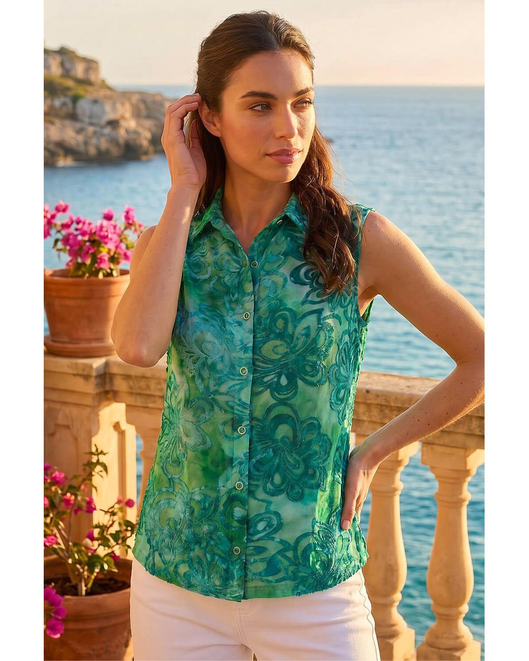 Roman Green Floral Print Jacquard Blouse