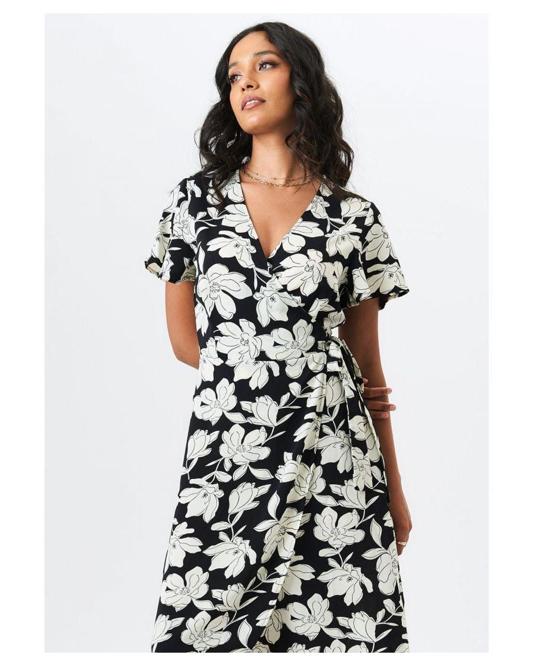 Gini London White Floral Printed Wrap Midi Dress