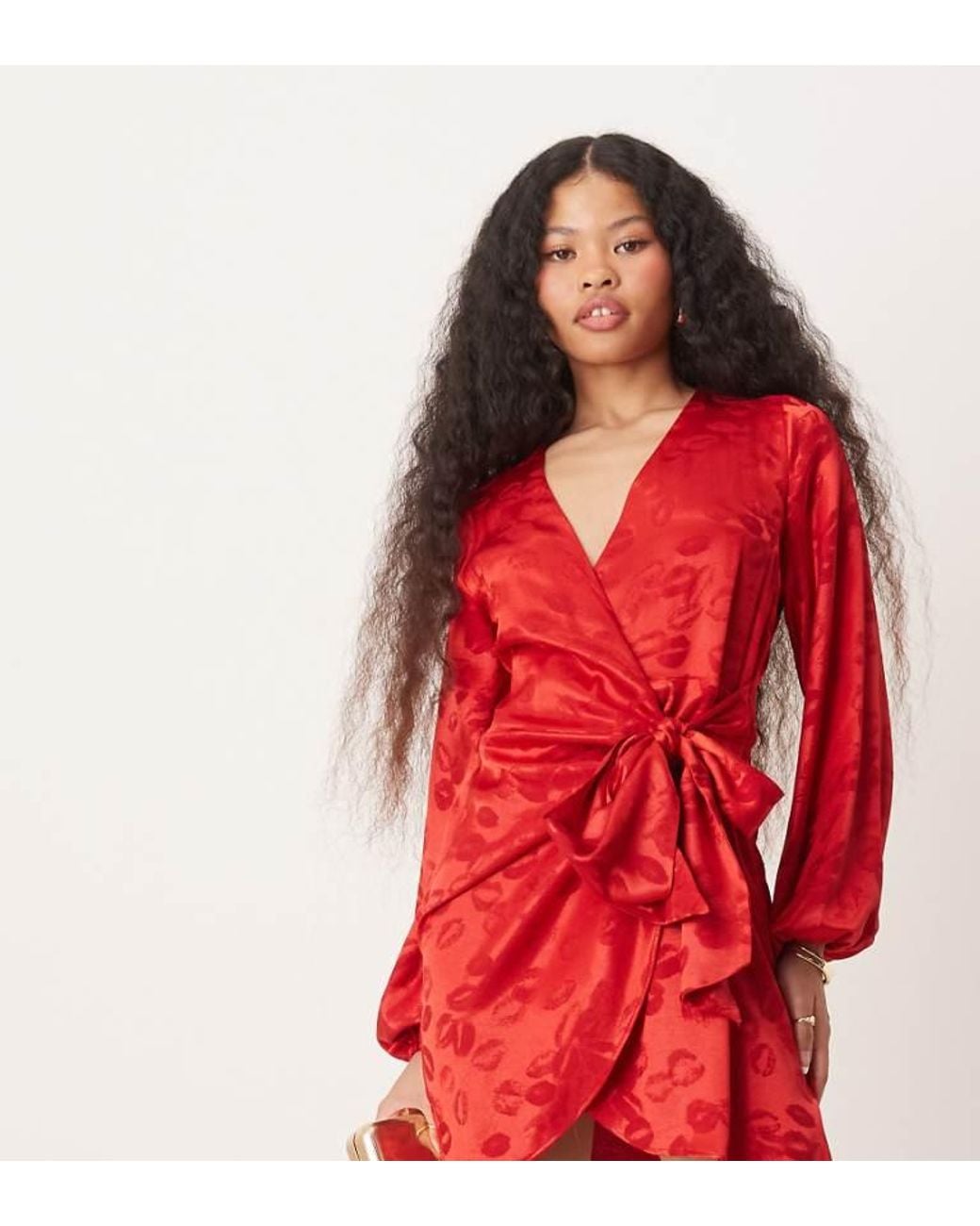 Never Fully Dressed Red Petite Lip Embossed Satin Wrap Mini Dress