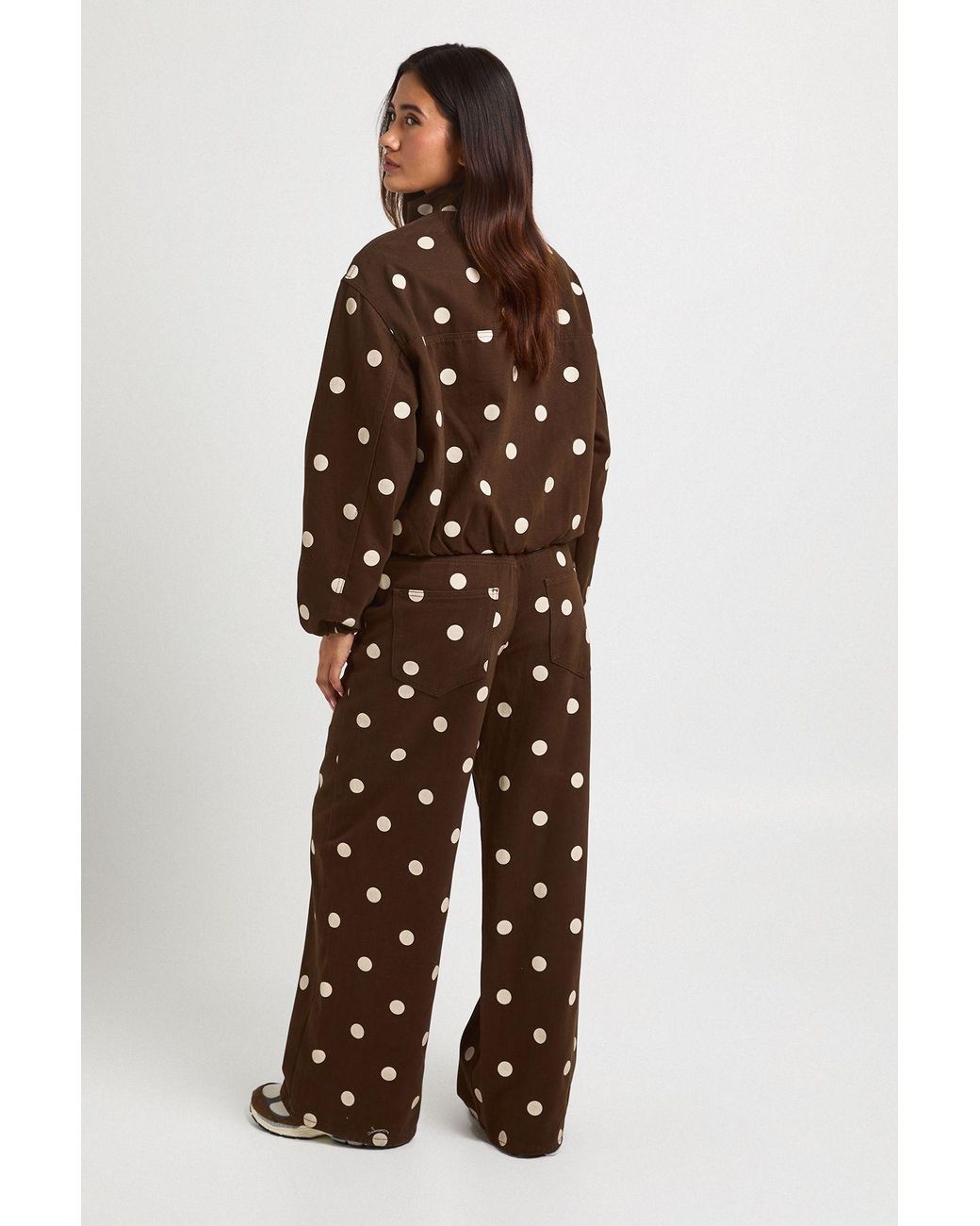 Boohoo Brown Polka Dot High Waist Wide Leg Jean