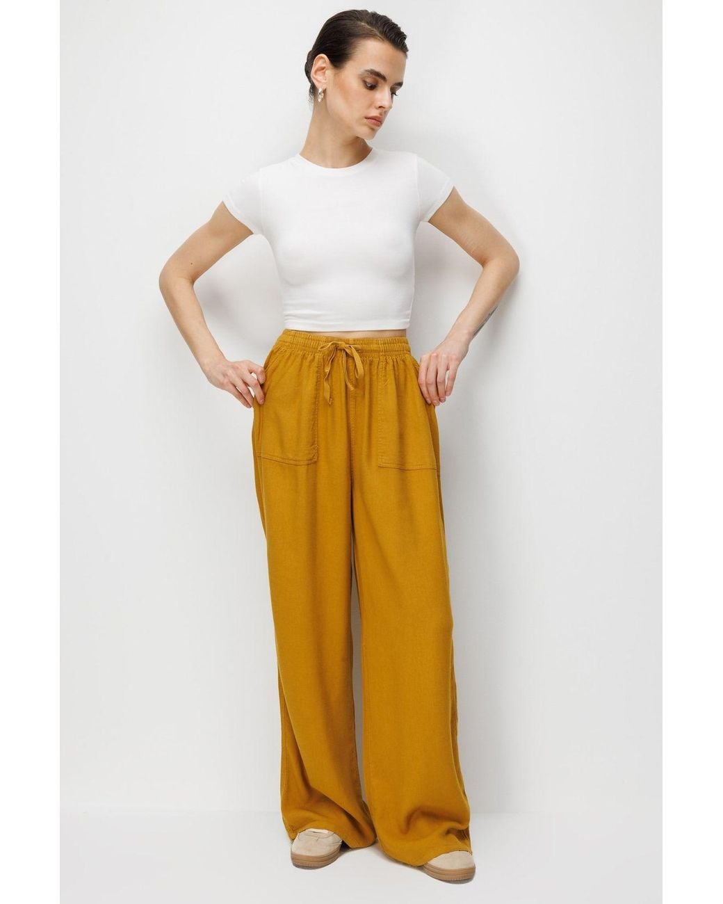 MixRay White Mid Waist Straight Leg Cotton Pants With Tie Closure