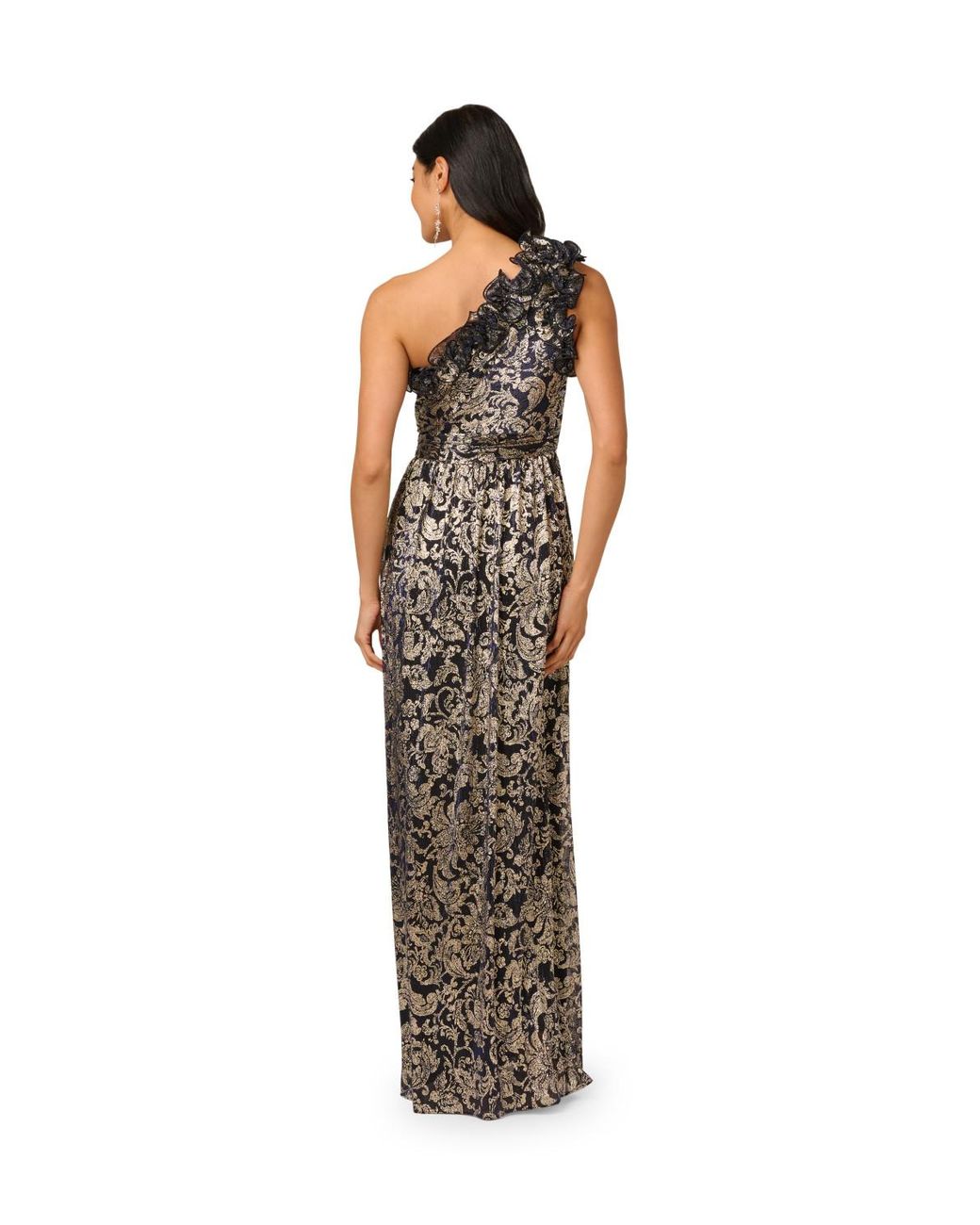 Adrianna Papell Metallic One Shoulder Crinkle Gown