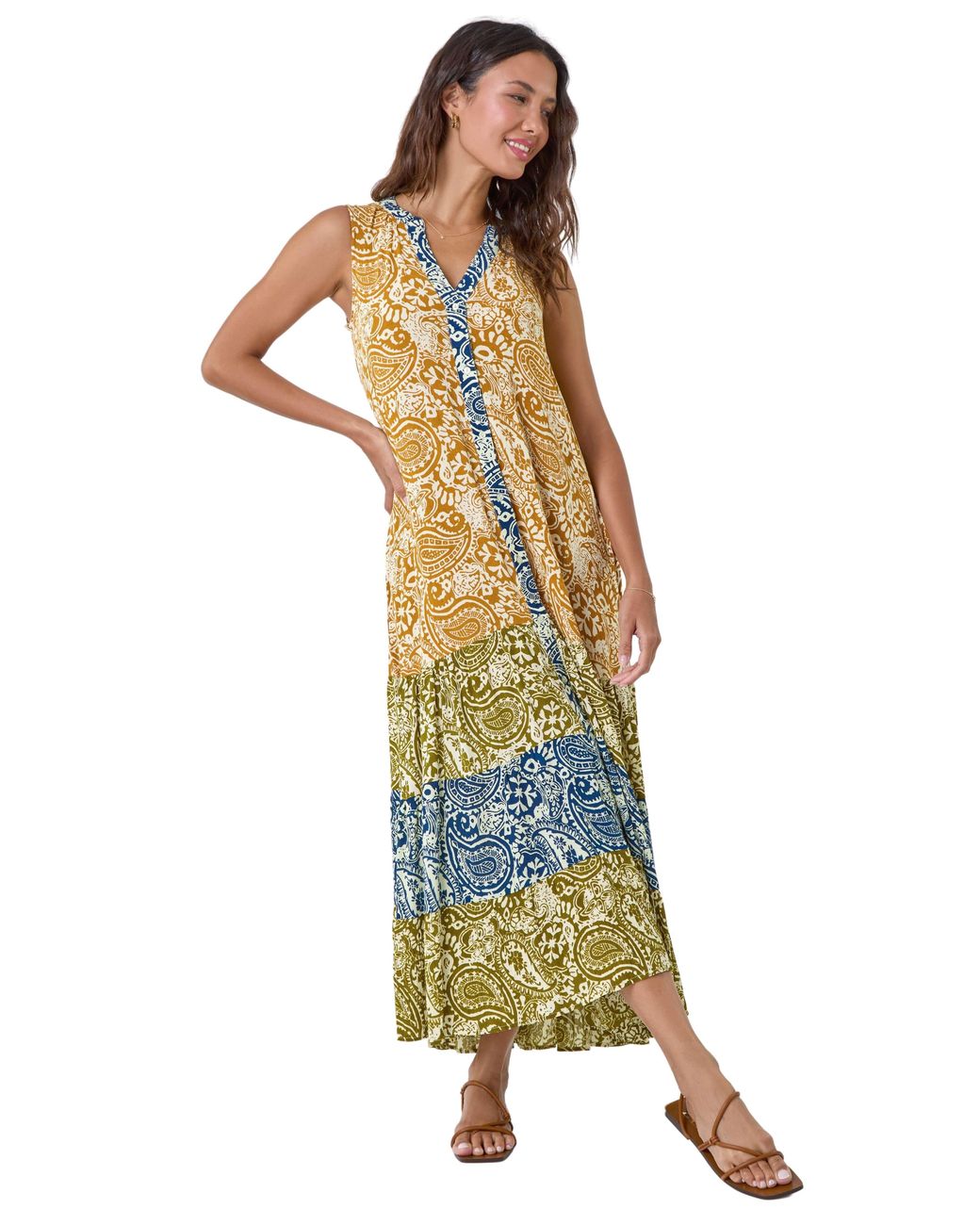 Roman Yellow Patchwork Print Tiered Maxi Dress