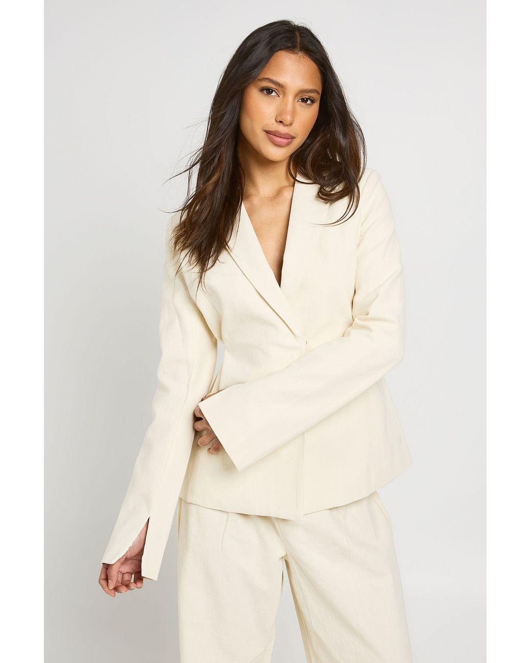 Boohoo Natural Premium Linen Look Tie Waist Blazer
