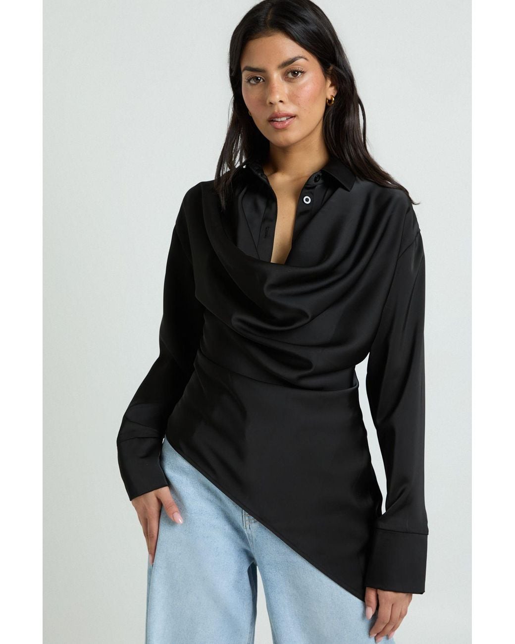 Boohoo Black Satin Cowl Neck Shirt