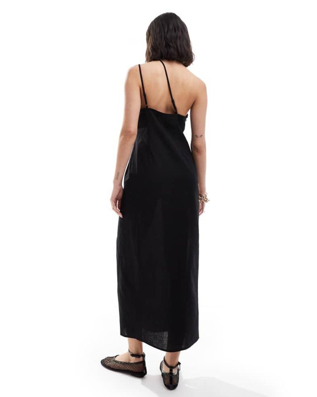 ASOS Black One Shoulder Split Strap Linen Midi Sundress