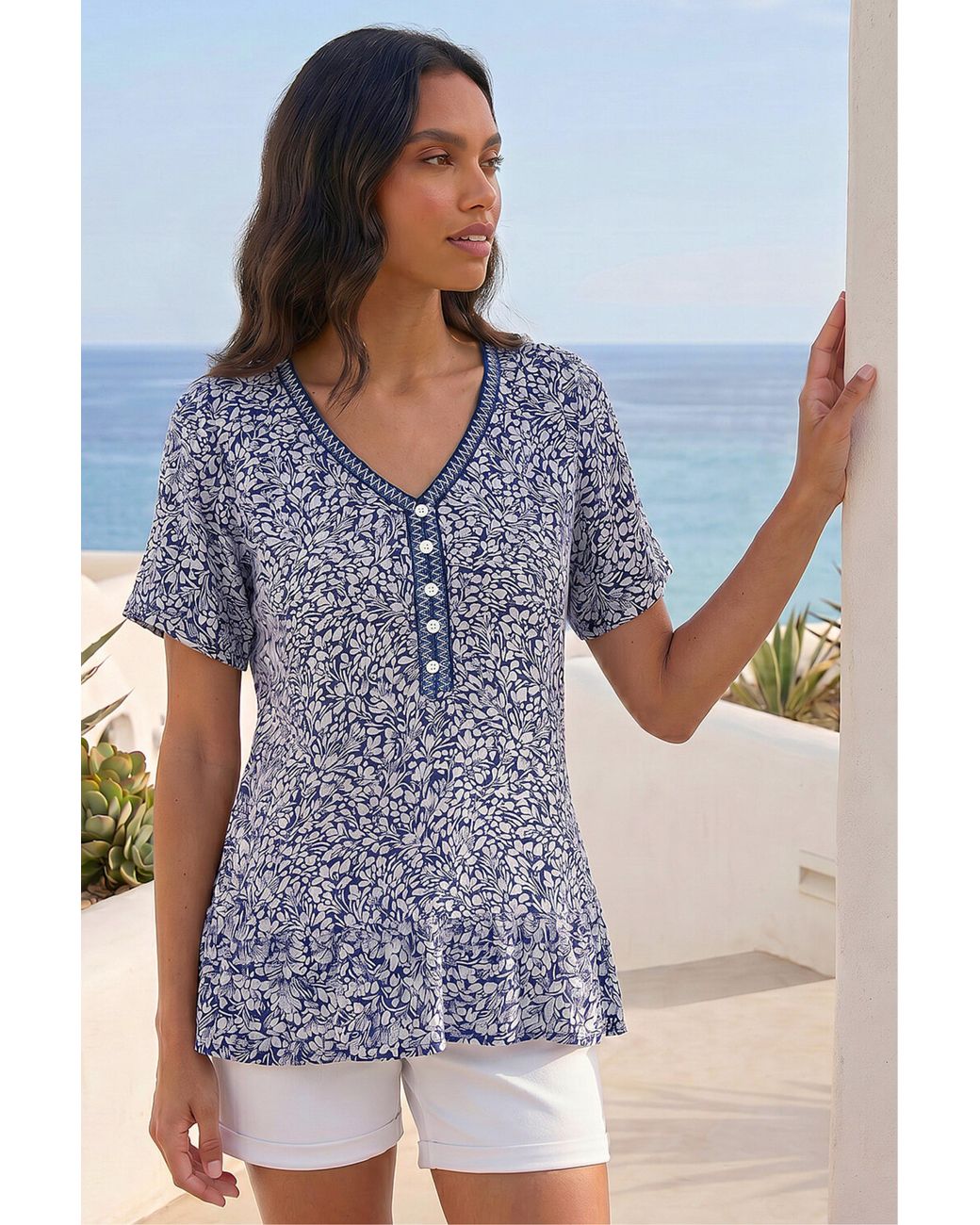 Roman Blue Ditsy Floral Trim Detail Top