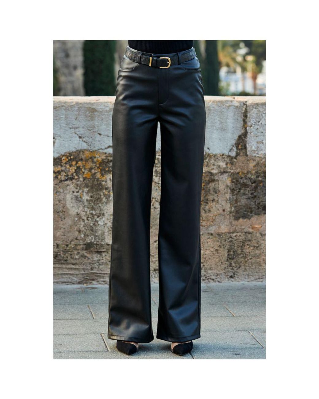 Sosandar Black Faux Leather Wide Leg Trousers