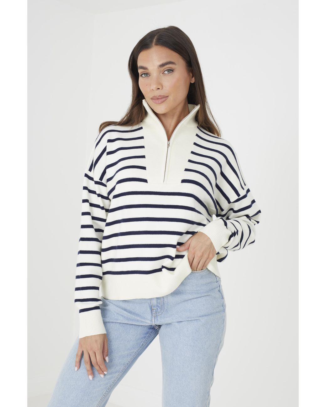 Brave Soul White 'Jottie' Striped 1/2 Zip Knitted Jumper