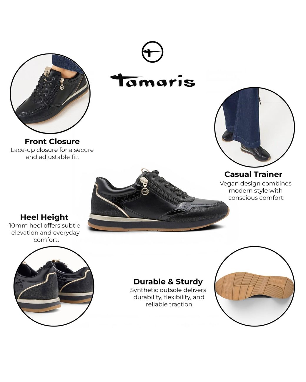 Tamaris Black Faux Leather Fashion Lace Up Sneakers