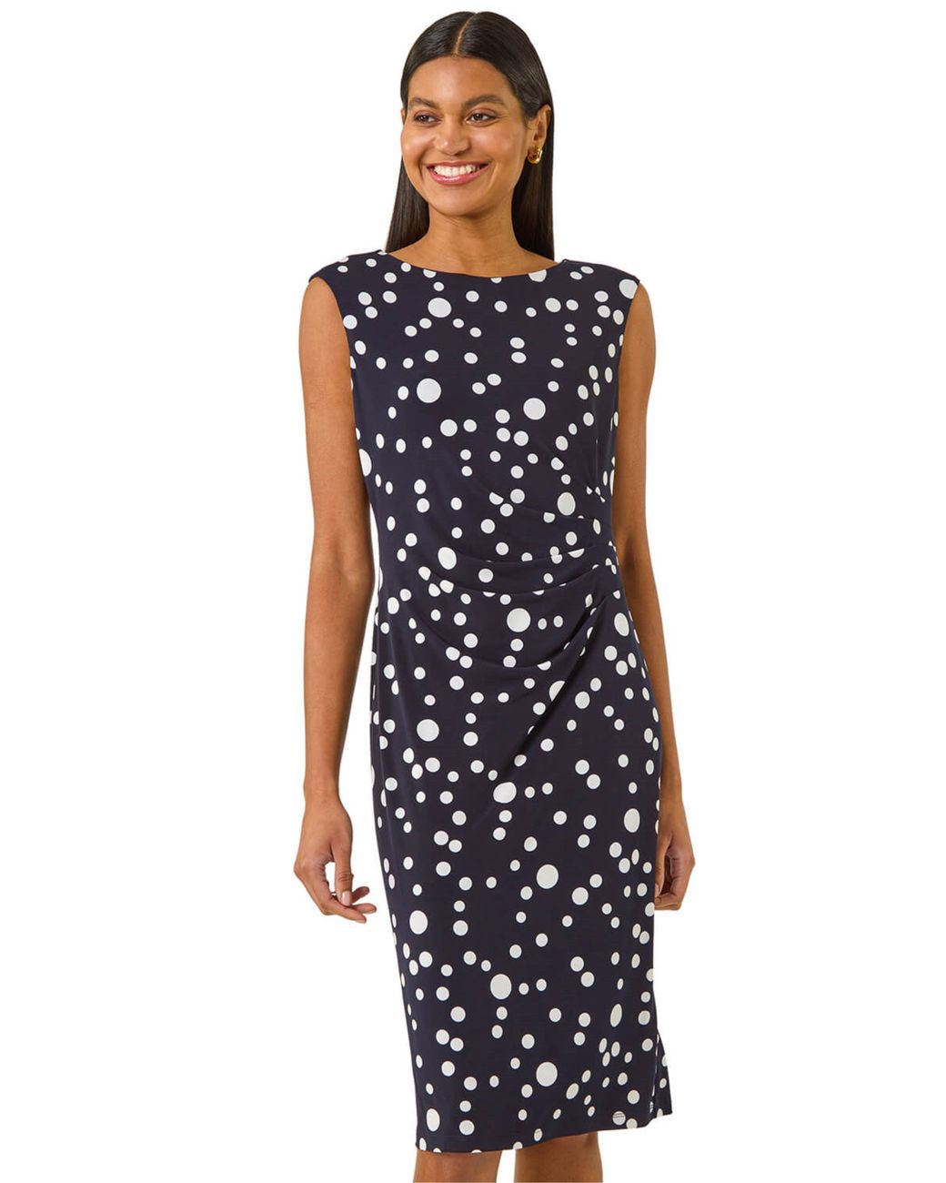 Roman Blue Spot Print Gathered Stretch Dress