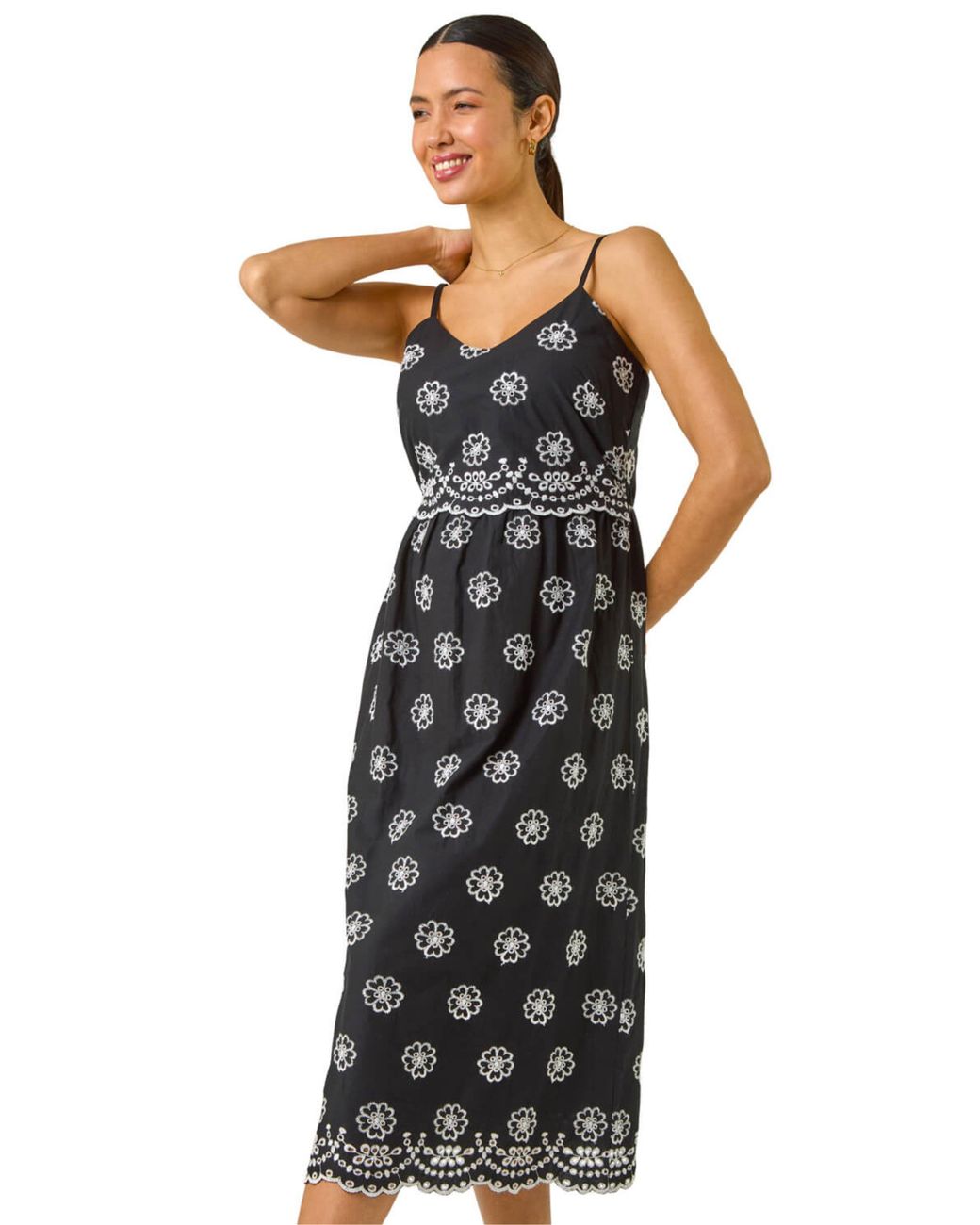 Roman Black Embroidered Strap Midi Sun Dress