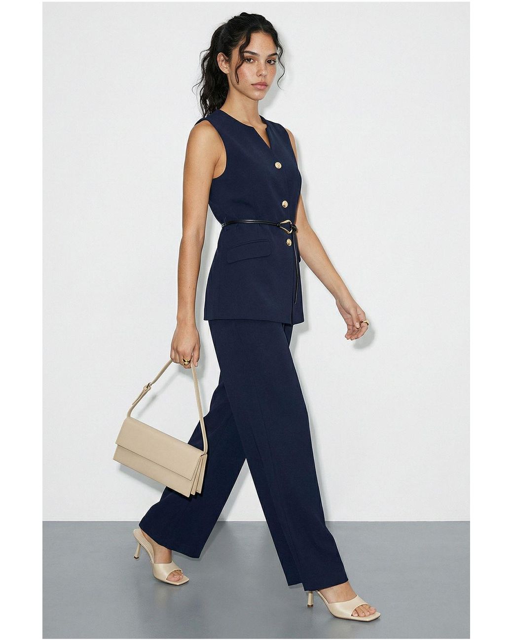 Bianco Lucci Blue High Waist V-Neck Belted Two-Piece Co-Ord Set